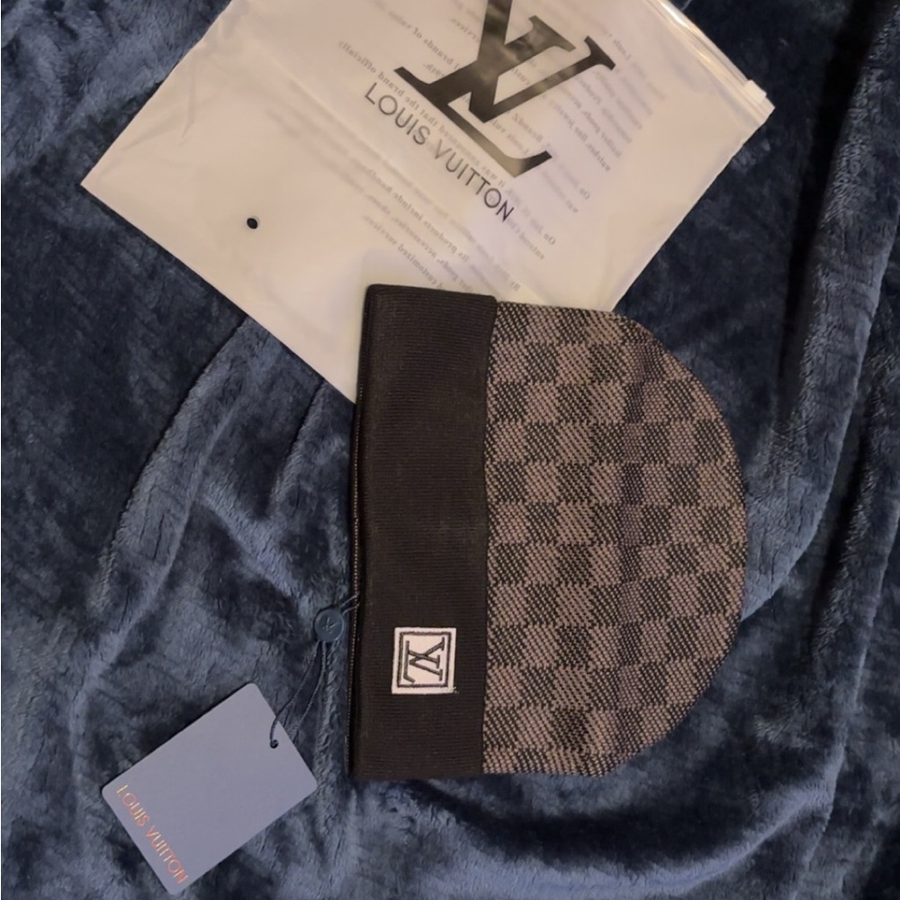 Louis Vuitton Black and Gray Checkered Beanie